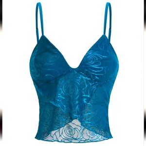Teal Deep V Mesh Cropped Cami W/All Over Swirly Shimmery Sheen Floral Design (M)